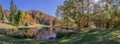 Autumn pond landscape at the arboretum of the Aubonne valley, Switzerland Royalty Free Stock Photo