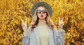 Autumn portrait of attractive woman blowing red lips sending sweet air kiss wearing gray coat, round hat on yellow leaves Royalty Free Stock Photo