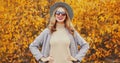 Autumn portrait of beautiful young woman wearing gray coat, round hat posing Royalty Free Stock Photo