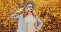 Autumn portrait of beautiful young woman wearing gray coat, round hat posing over yellow leaves Royalty Free Stock Photo