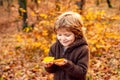 Autumn portrait of cute little boy. Happy kids playing and dreams outdoors in autumn. Royalty Free Stock Photo