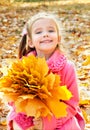 Autumn portrait of cute smiling little girl with maple leaves Royalty Free Stock Photo