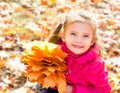 Autumn portrait of cute smiling little girl with maple leaves Royalty Free Stock Photo