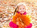 Autumn portrait of cute smiling little girl with maple leaves Royalty Free Stock Photo