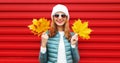 Autumn portrait happy smiling young woman holding an yellow maple leaves on a red background Royalty Free Stock Photo