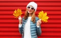 Autumn portrait happy smiling young woman holding an yellow maple leaves on a red background Royalty Free Stock Photo