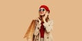 Autumn portrait of happy smiling young woman with shopping bag calling on mobile phone looking away wearing red french beret hat Royalty Free Stock Photo