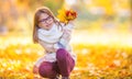 Autumn. Portrait of a smiling young girl who is holding in her hand a bouquet of autumn maple leaves.