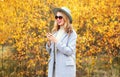 Autumn portrait stylish happy smiling woman holding phone wearing gray coat, round hat on yellow leaves