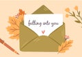 Autumn post with leaves composition. Love letter in envelope decorated with Fall season elements and pen. Vector flat Royalty Free Stock Photo