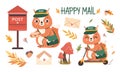 Autumn post set. Cute squirrel mailman with leaves, letters, mail box, mail bag. Isolated Fall woodland elements. Hand