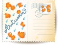 Autumn postcard with leaves, pumpkin and text