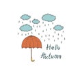 Autumn postcard with umbrella, clouds, clouds, rain.Hand draw botanic vector stock illustration, EPS 10.