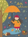 Autumn poster with a cute girl in the woods. Rainy autumn. Royalty Free Stock Photo