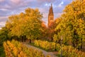 Autumn in Prague, golden sunset at Vyshegrad. Beautiful park in the historic district, Czech Republic, Europe