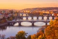 Prague, panoramic view to the historical bridges, old town and Vltava river from popular view point in Letna park, Czech Republic Royalty Free Stock Photo