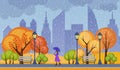 Autumn public city park vector illustration. Rainy cloudy cold weather with alone walking girl.