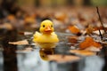 Autumn puddle hosts a duck toy, leaves scattered, close up play Royalty Free Stock Photo