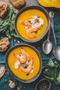 Autumn pumpkin creamy soup in bowls Royalty Free Stock Photo