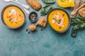 Autumn pumpkin creamy soup in bowls Royalty Free Stock Photo