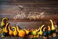 Autumn Pumpkin Decoration, Text Hello Autumn, Wooden Background