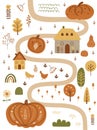 Autumn pumpkin harvest festival in village. Cute map with pumpkins, houses, farm cottage, chicken, tree. Fall invitation Royalty Free Stock Photo