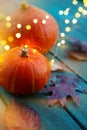 Autumn pumpkin and holidays light decoration on wooden table; thanksgiving holiday party background Royalty Free Stock Photo