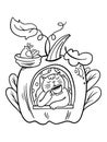 Autumn pumpkin house with cartoon cat and bird coloring page for kids. Outline autumn season illustration.