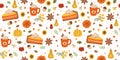 Autumn pumpkin pie slice and pumpkin spice latte seamless pattern decorated fall leaves, flowers, acorns, botanical