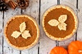 Autumn pumpkin pies with leaf pastry toppings against rustic wood