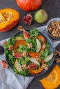 Autumn pumpkin salad and figs, pears and walnuts