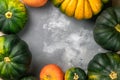 Autumn Pumpkin seasonal composition with green, orange and yellow vegetables. Flat lay, top view, copy space Royalty Free Stock Photo