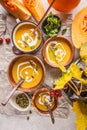 Autumn pumpkin soup puree with cream in cups, the autumn scenery Royalty Free Stock Photo