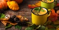 Autumn pumpkin soup with pumpkin seeds in a tin cup, Thanksgiving Royalty Free Stock Photo