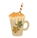 Autumn Pumpkin Spice latte in Porcelain cup with Chestnut leaves. Flat vector illustration Coffee with Whipped Cream and Drinking