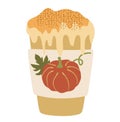 Autumn Pumpkin Spice latte with Whipped cream in paper cup with lid. Flat vector illustration isolated on white. Hot coffee to go Royalty Free Stock Photo