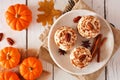 Autumn pumpkin spice pecan cupcakes with creamy frosting, top view table scene over white wood Royalty Free Stock Photo