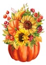 Autumn Pumpkin, sunflowers, leaves. Thanksgiving Day. Autumn decor. Watercolor illustration isolate on white background Royalty Free Stock Photo