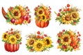 Autumn Pumpkin, sunflowers, leaves. Thanksgiving Day. Autumn decor. Watercolor illustration isolate on white background Royalty Free Stock Photo