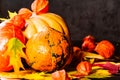 Autumn pumpkin Thanksgiving background. Bright pumpkins and autumn leaves on black background. Copy space