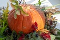 Autumn Pumpkin Thanksgiving Background - orange pumpkins over wooden table. Royalty Free Stock Photo