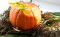 Autumn Pumpkin Thanksgiving Background - orange pumpkins over wooden table Royalty Free Stock Photo