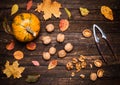 Autumn pumpkin, walnut kernels, whole walnuts and nutcracker on Royalty Free Stock Photo