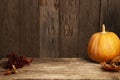 Autumn pumpkins and dry berry on a wooden table, thanksgiving, halloween background mockup