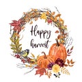 Autumn pumpkins, flowers and leaves arrangement. Watercolor fall wreath Royalty Free Stock Photo