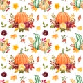 Autumn pumpkins, flowers and leaves seamless pattern. Fall floral print with watercolor orange pumpkins on white background. Royalty Free Stock Photo