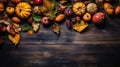 Autumn pumpkins and leaves on a dark wooden background, a frame for Thanksgiving and Halloween. View from above