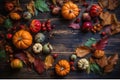 Autumn pumpkins and leaves on a dark wooden background, a frame for Thanksgiving and Halloween. View from above