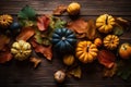 Autumn pumpkins and leaves on a dark wooden table, for Thanksgiving and Halloween. View from above. Generative AI