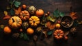 Autumn pumpkins and leaves on a dark wooden table, for Thanksgiving and Halloween. View from above. Panoramic Generative